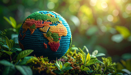 World globe on green grass with sunlight background. Earth day concept.の素材