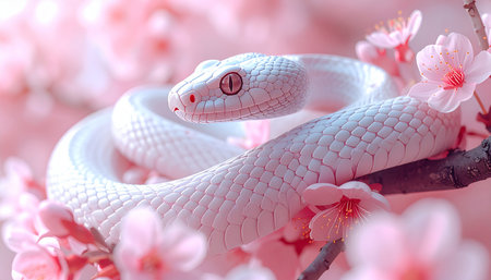 White snake with pink sakura blossom on pink background, close upの素材