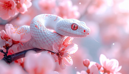 White snake on a branch of a blossoming apricot treeの素材