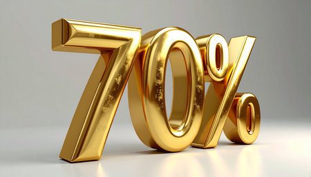 Gold 70 Percent Off Discount Sign on White Background. 3D Renderの素材
