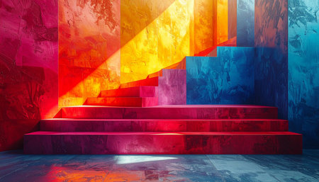 3D rendering of a stairway in a room with neon lightsの素材