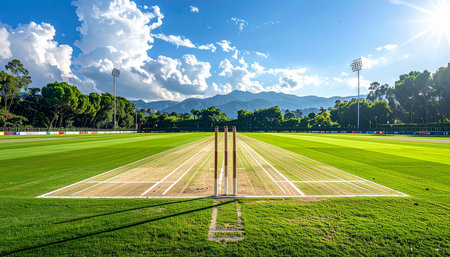 Beautiful view of the cricket field with green grass and blue skyの素材