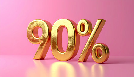 Gold 90 percent discount on pink background. 3d render illustration.の素材