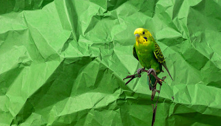 Green budgerigar sitting on a green crumpled paperの素材
