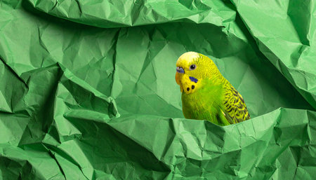 Green budgerigar on crumpled green paper background.の素材