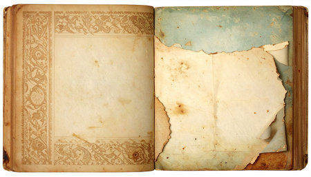 Old book cover isolated on white background. Antique paper texture.の素材