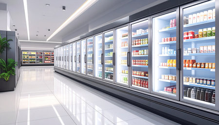 Interior of a supermarket with shelves full of food products 3D renderingの素材