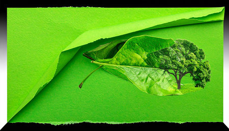 Ecology concept. Green leaf and tree on torn paper background.の素材