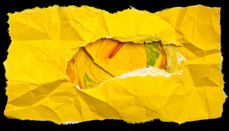 Yellow torn paper on black background with space for your text or imageの素材