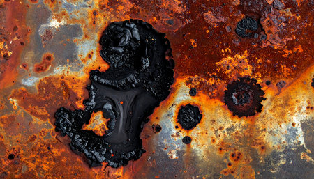 Rusty metal surface with black spots and rust stains. Abstract background.の素材
