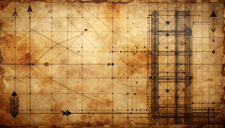Old paper background with geometrical figures, triangles and lines.の素材