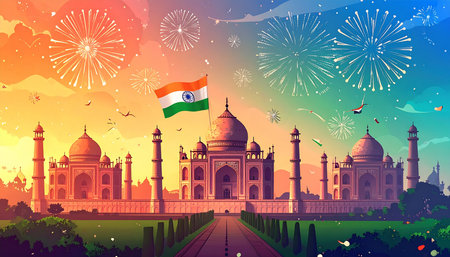 Taj Mahal with fireworks in India. Vector Illustration.の素材