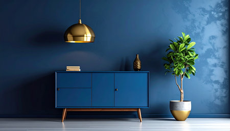 Blue living room with blue wall, wooden chest of drawers and plant. 3d renderingの素材