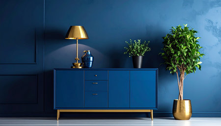Blue chest of drawers in modern interior with plant. 3d renderの素材