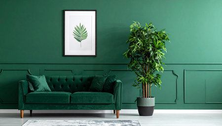 Green living room interior with a green sofa and a plant in a potの素材