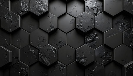 3d rendering of abstract geometric black and white background with hexagonsの素材