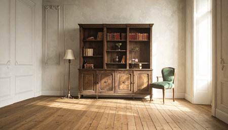 Luxury interior with bookshelf, armchair and lampの素材