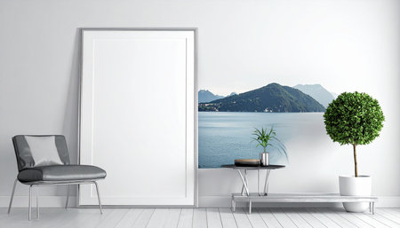 Modern bright interiors 3D rendering illustration with mockup poster frameの素材
