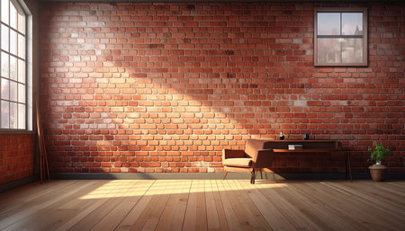 interior with brick wall and wooden floor, 3d render illustrationの素材