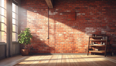 interior with brick wall and wooden floor, 3d render illustrationの素材