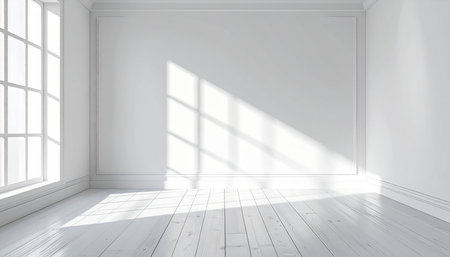 Empty white room with window and wooden floor. 3D rendering.の素材