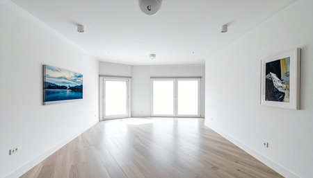 interior new house, empty room with white walls and wooden floorの素材
