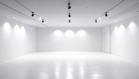 Empty white room with spotlights. Modern gallery interior. 3D renderingの素材
