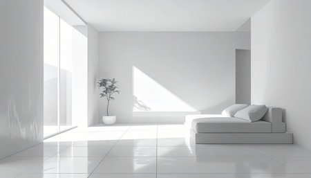 White living room with a sofa and a plant. 3d renderingの素材
