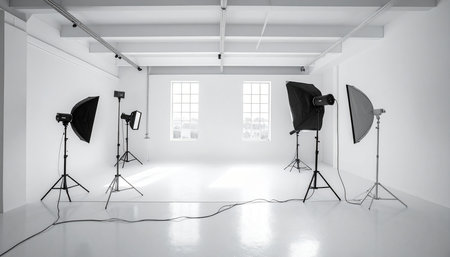 Interior of modern photo studio with white walls, white floor and lighting equipmentの素材