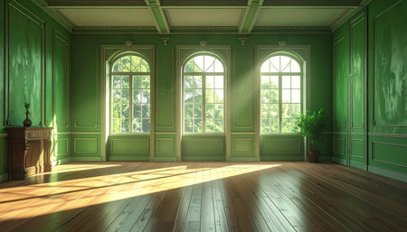 Classic green interior with wooden floor and windows. 3D rendering.の素材