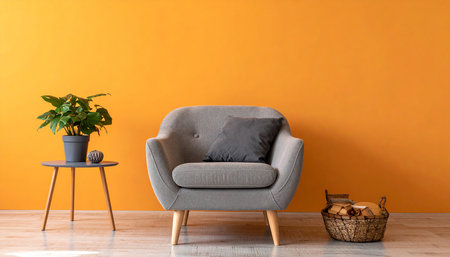 Comfortable armchair and basket with bread near color wall. Interior designの素材