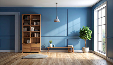 Interior of modern living room with blue walls, wooden floor, bookshelf and bookcase. 3d renderingの素材
