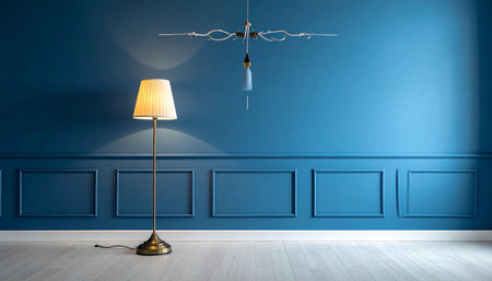 Interior of a blue room with a floor lamp and a blue wallの素材