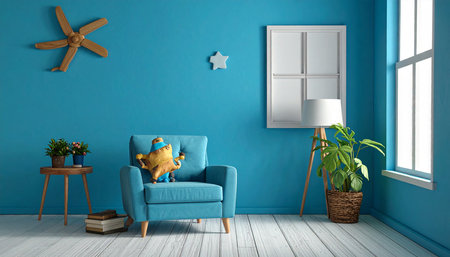 Interior of children's room with blue armchair, 3D renderingの素材