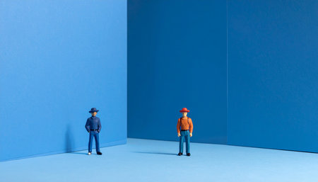 Miniature people standing in front of a blue wall with copy spaceの素材