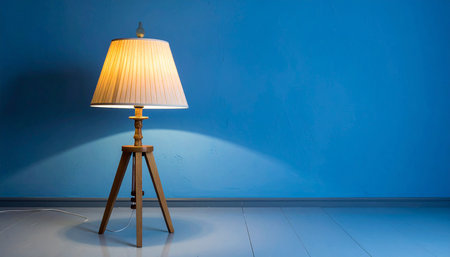 Lamp on the floor with blue wall background and floor light at nightの素材