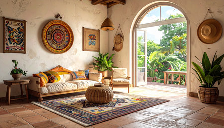 Interior of a room with a view of the tropics and natureの素材