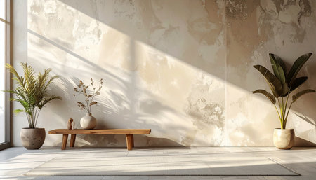 Interior of living room with wooden bench and plant. 3d renderの素材