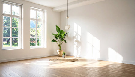 interior modern house, large bright room with window overlooking the gardenの素材
