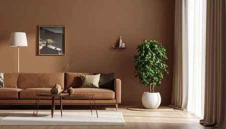 Interior of living room with brown sofa and plants. 3d renderの素材