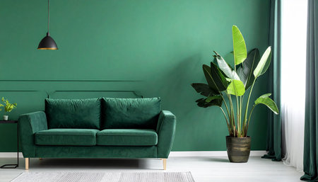 Green living room interior with a green sofa and a plant in a potの素材