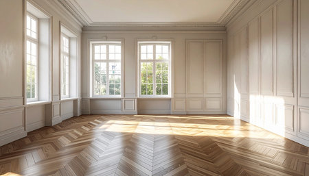 Empty room with white walls, parquet floor and window. 3d renderの素材
