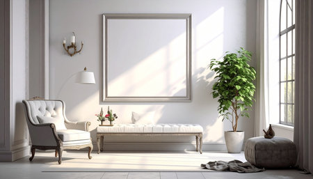 interior with sofa. 3d render illustration mock up poster frameの素材