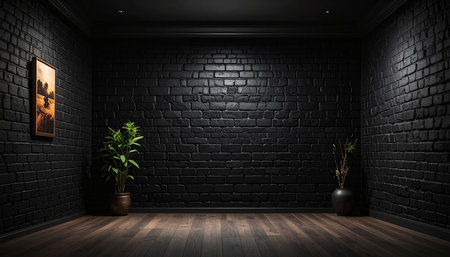 Black brick wall and wooden floor in the dark room. 3d renderingの素材