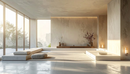 Interior of modern villa with white walls, tiled floor, panoramic window and wooden bathtub. 3d renderingの素材