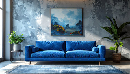 interior with blue sofa, 3d render and illustration mock upの素材