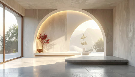 Interior of a room with a round window, a stone floor and a large window. 3d renderingの素材