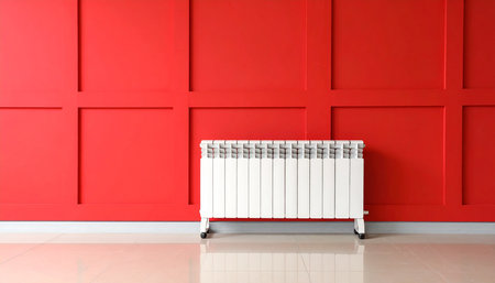 White radiator on a red wall in the interior of the room.の素材