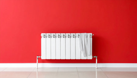 Heating radiator with a red wall in the interior of the roomの素材