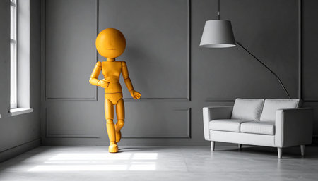 3d illustration of a yellow mannequin in a gray roomの素材